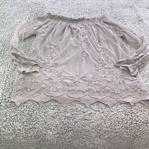 MARLED L Lace and Mesh Blush Light Purple Long Sleeve Blouse Top